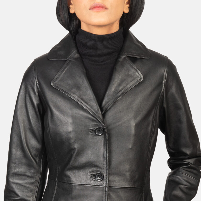 Womens Alexis Black Single Breasted Leather Coat Close-Up-9-1652199500783